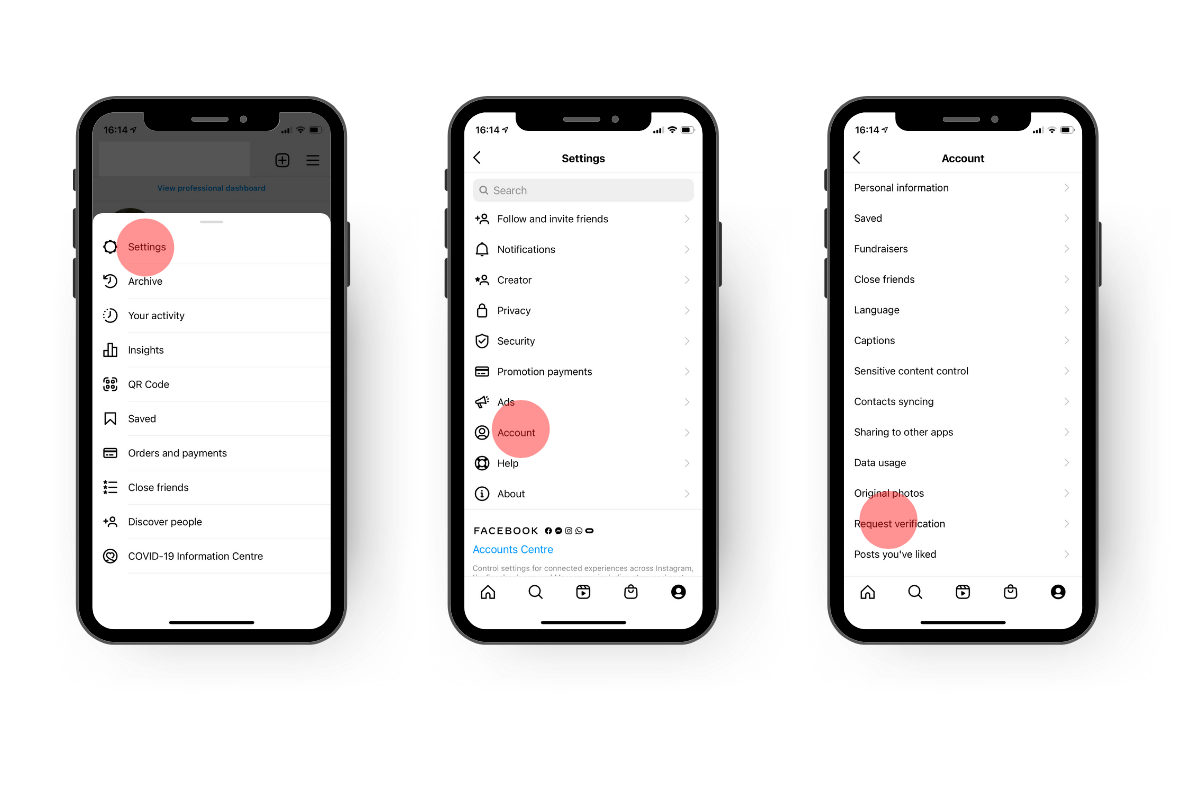 Instagram app menus on iPhones, showing how to navigate to the Request Verification feature.