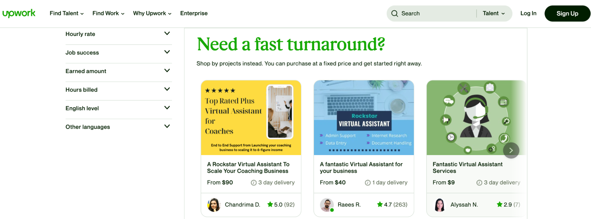 A screenshot of Upwork search results featuring some virtual assistants with prices that range from $9 to $90 per hour.