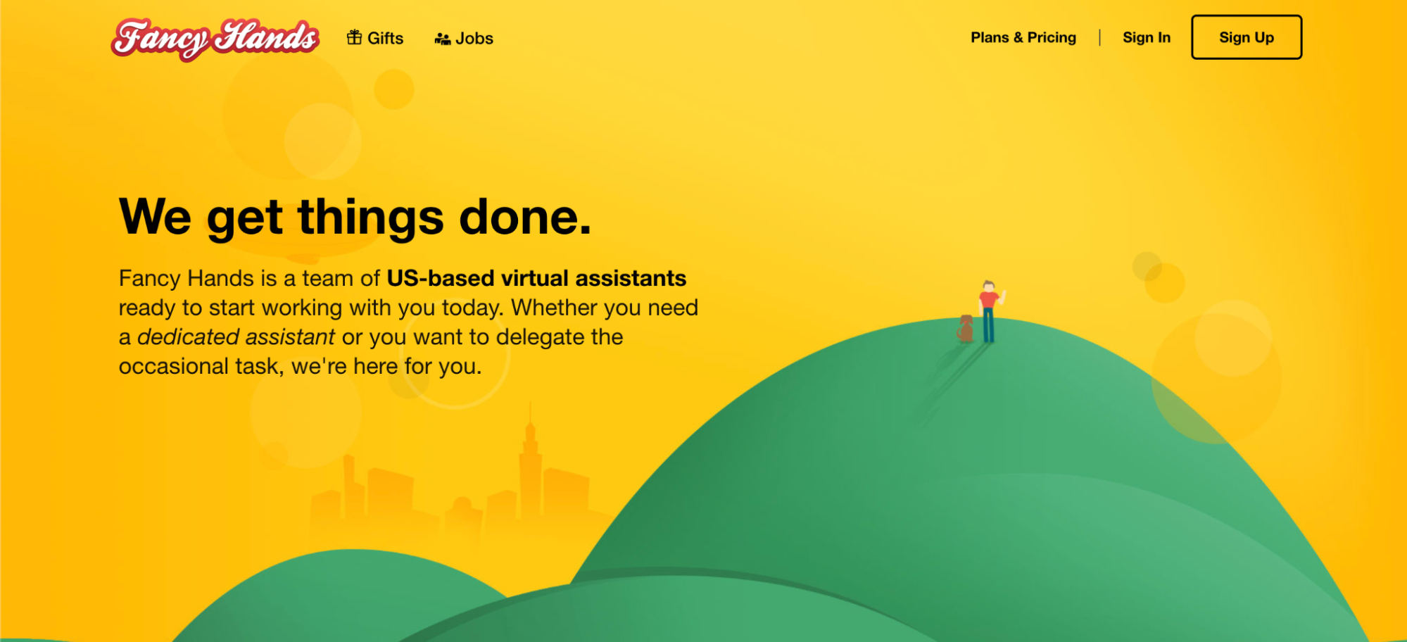 Fancy Hands homepage with headline, “We get things done.” 