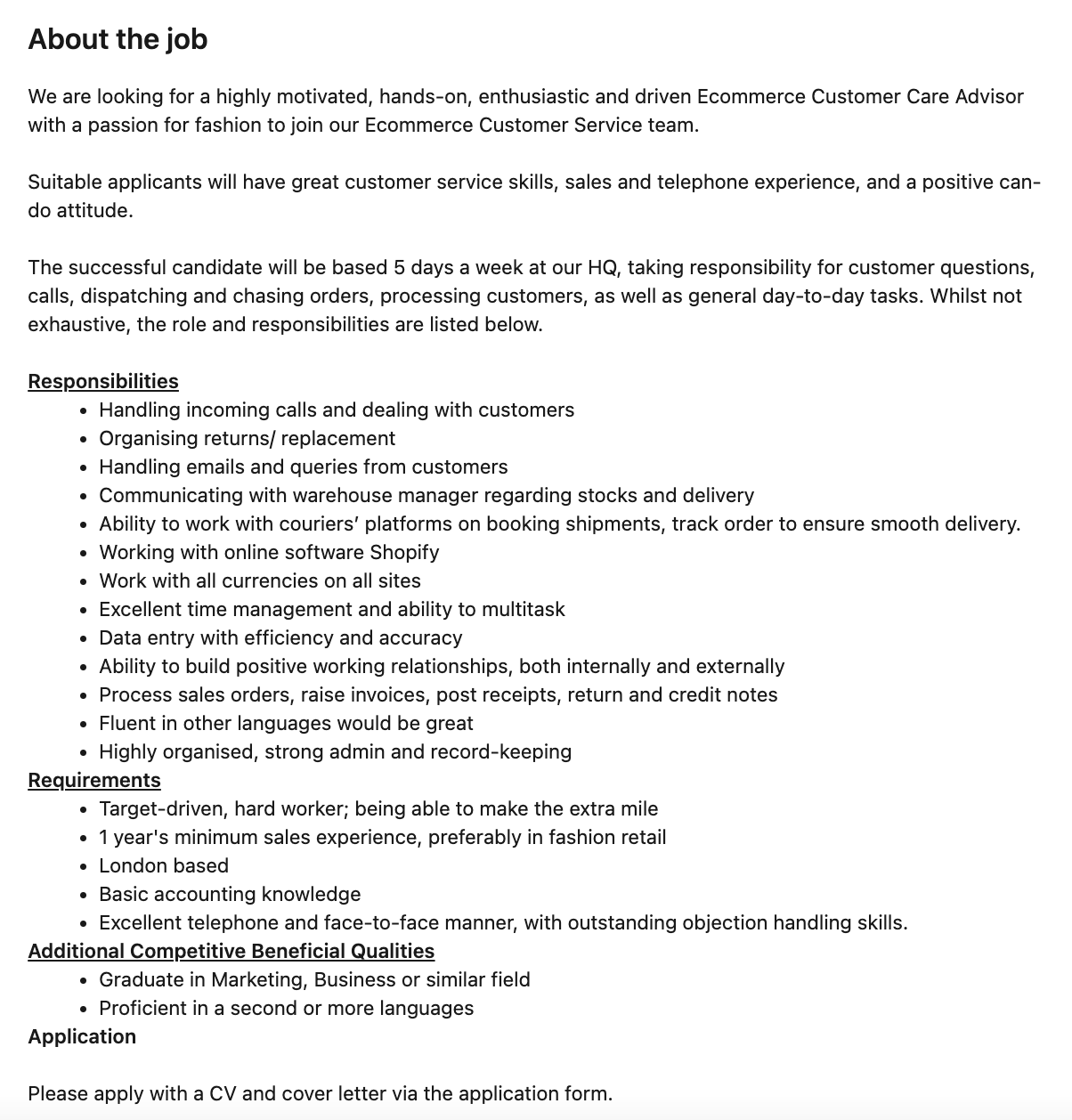 Example of a ecommerce customer service job description and requirements