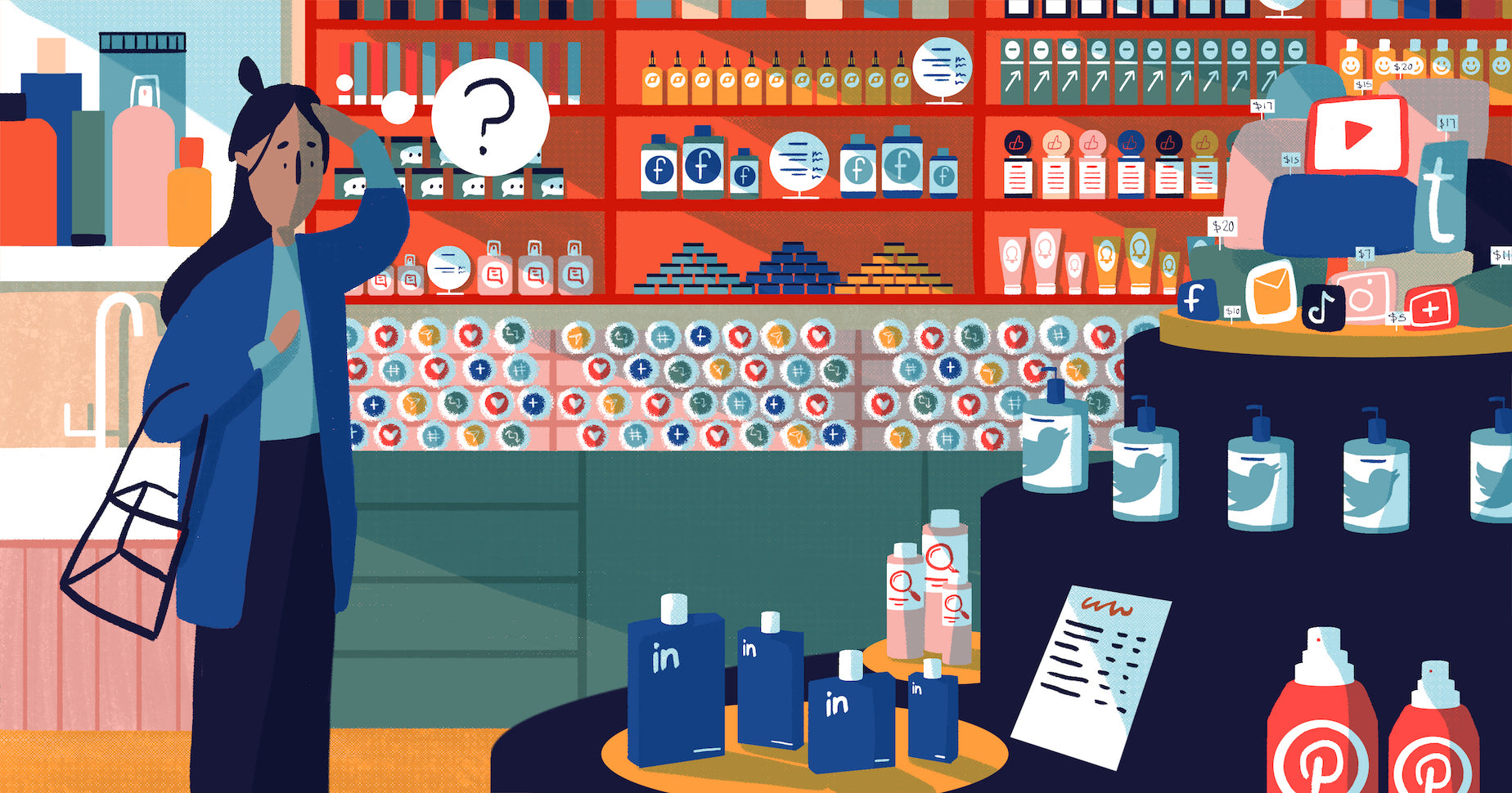 Illustration of a business owner in a skincare style shop browsing the shelves with products representing the many ways she can promote her business