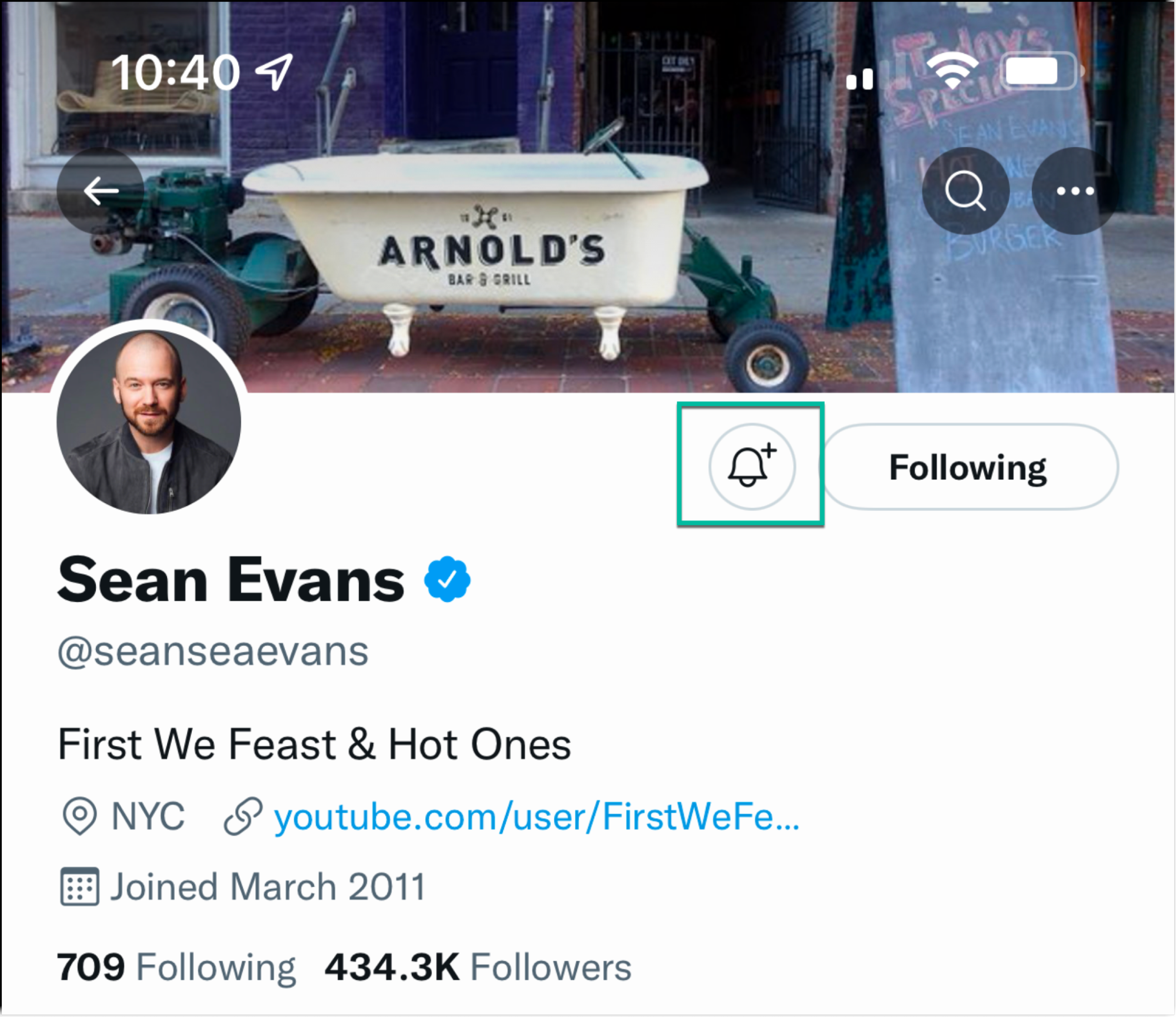 Sean Evans’ Twitter profile with the bell icon highlighted. 