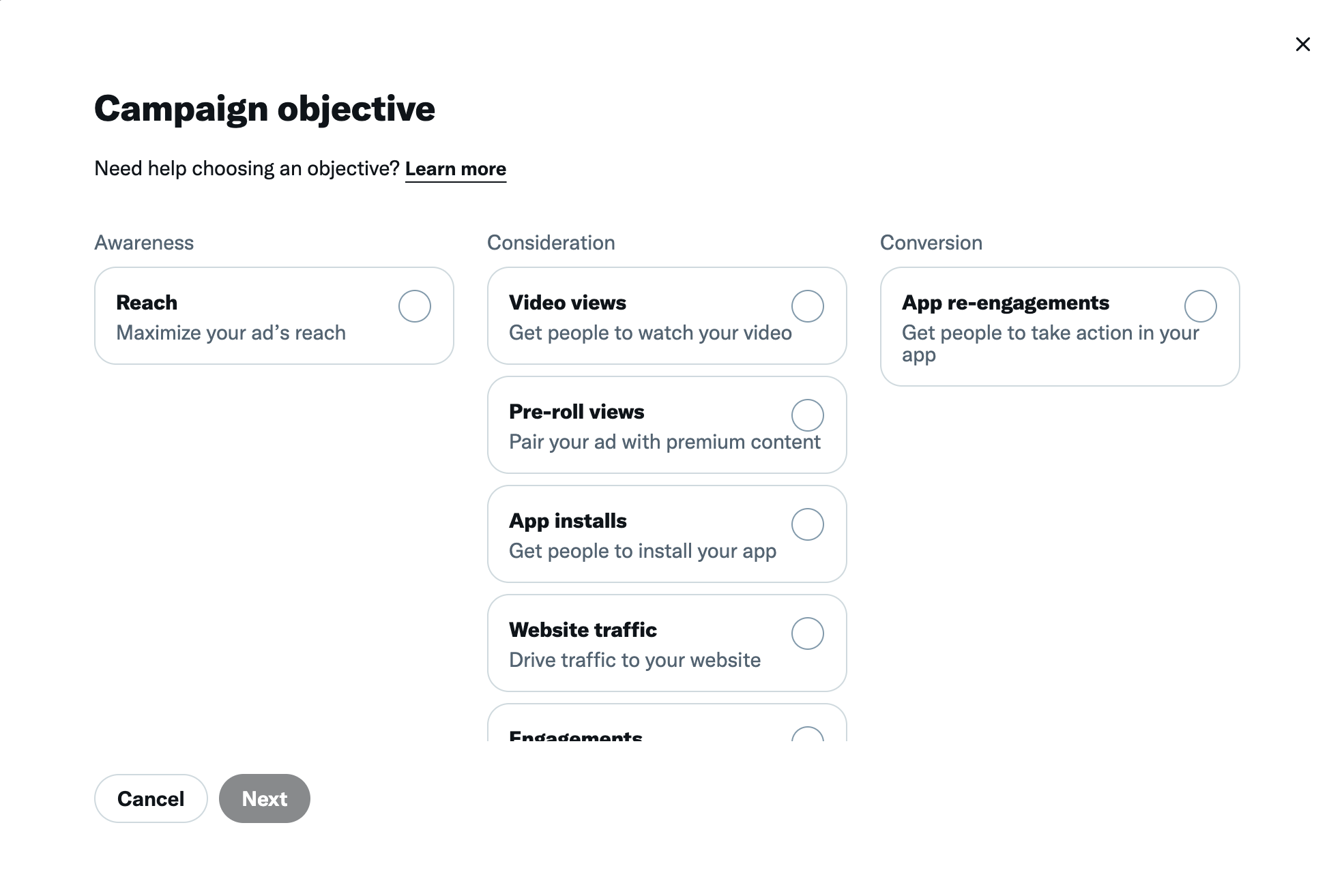 The campaign objective options when creating Twitter ads. They include reach, video views, pre-roll views, app installs, website traffic, engagements, and app re-engagements.