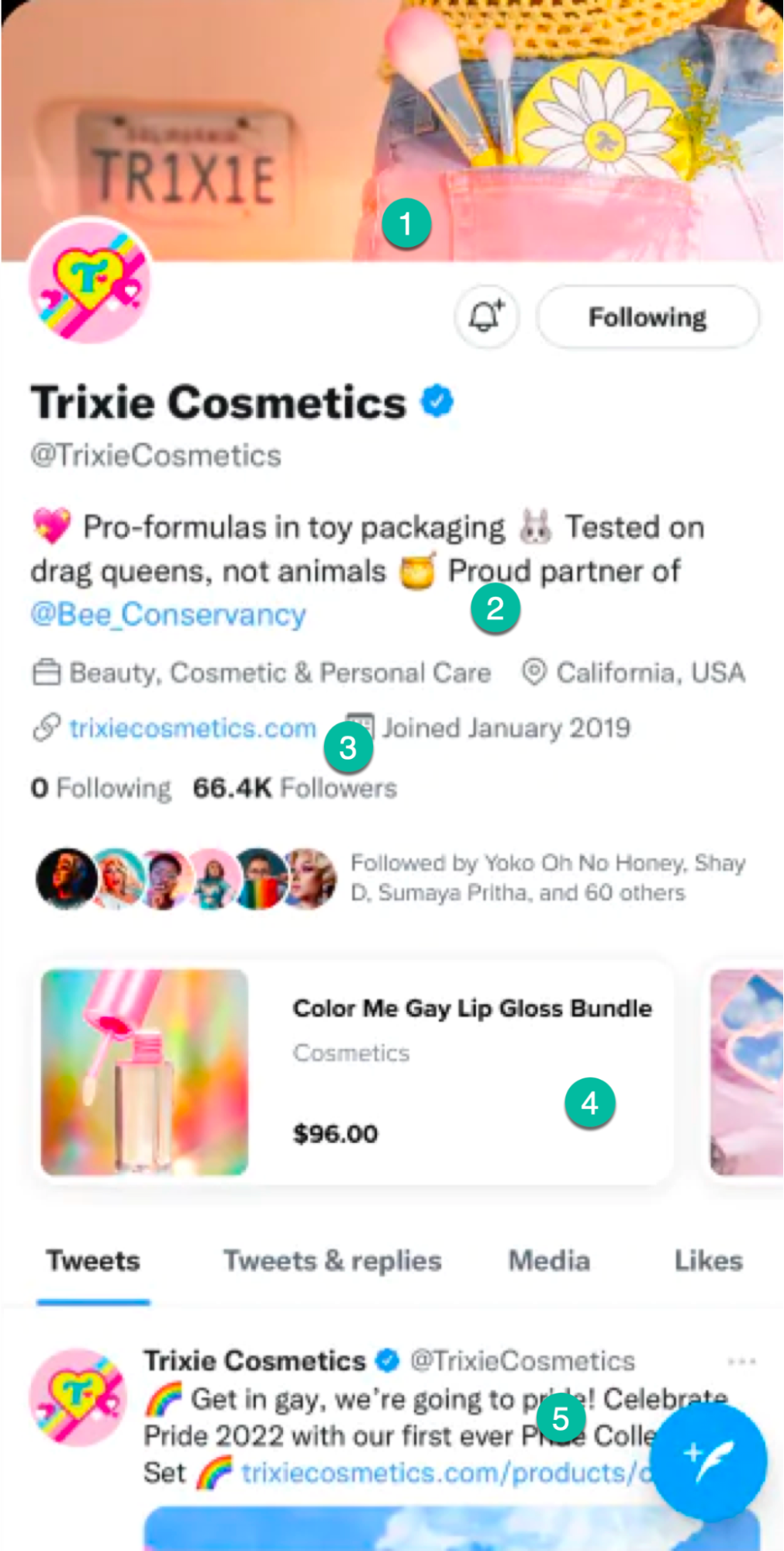 An annotated screenshot of Trixie Cosmetics highlighting areas to optimize on your Twitter profile.