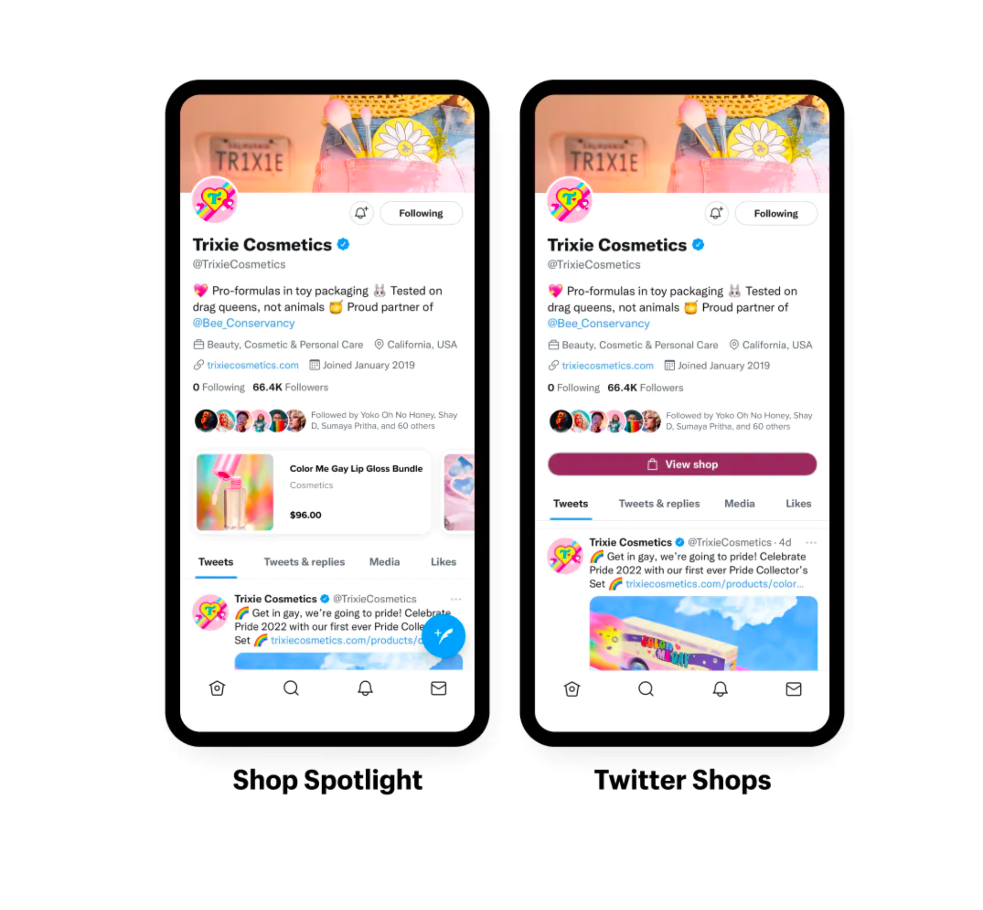 Side-by-side comparison of the SHOP Spotlight’s swipeable product carousel, and Twitter Shops ‘ Shop now button.