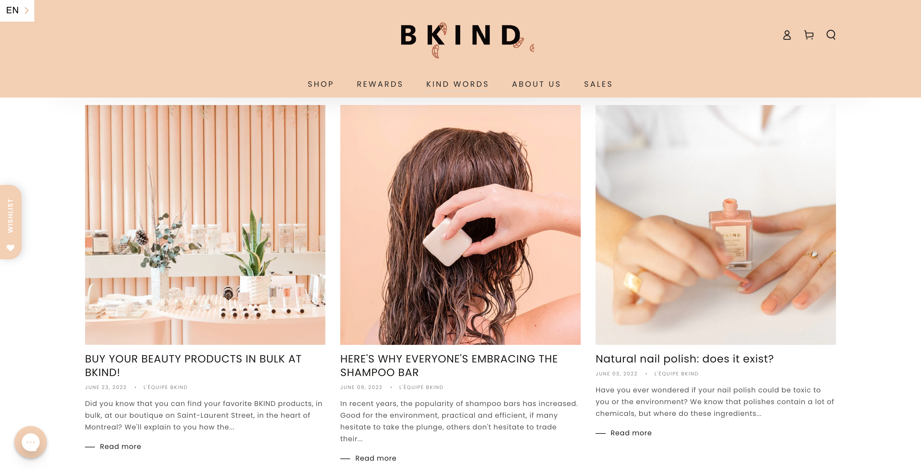 BKIND's website showcases blog posts on topics like nail polish and shampoo bars