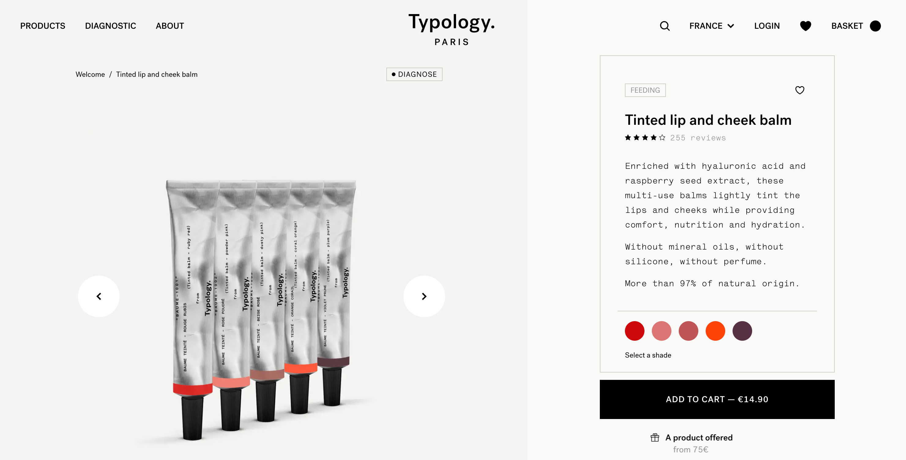 The website of skin care line Typology showcases lip and cheek tint in a variety of hues