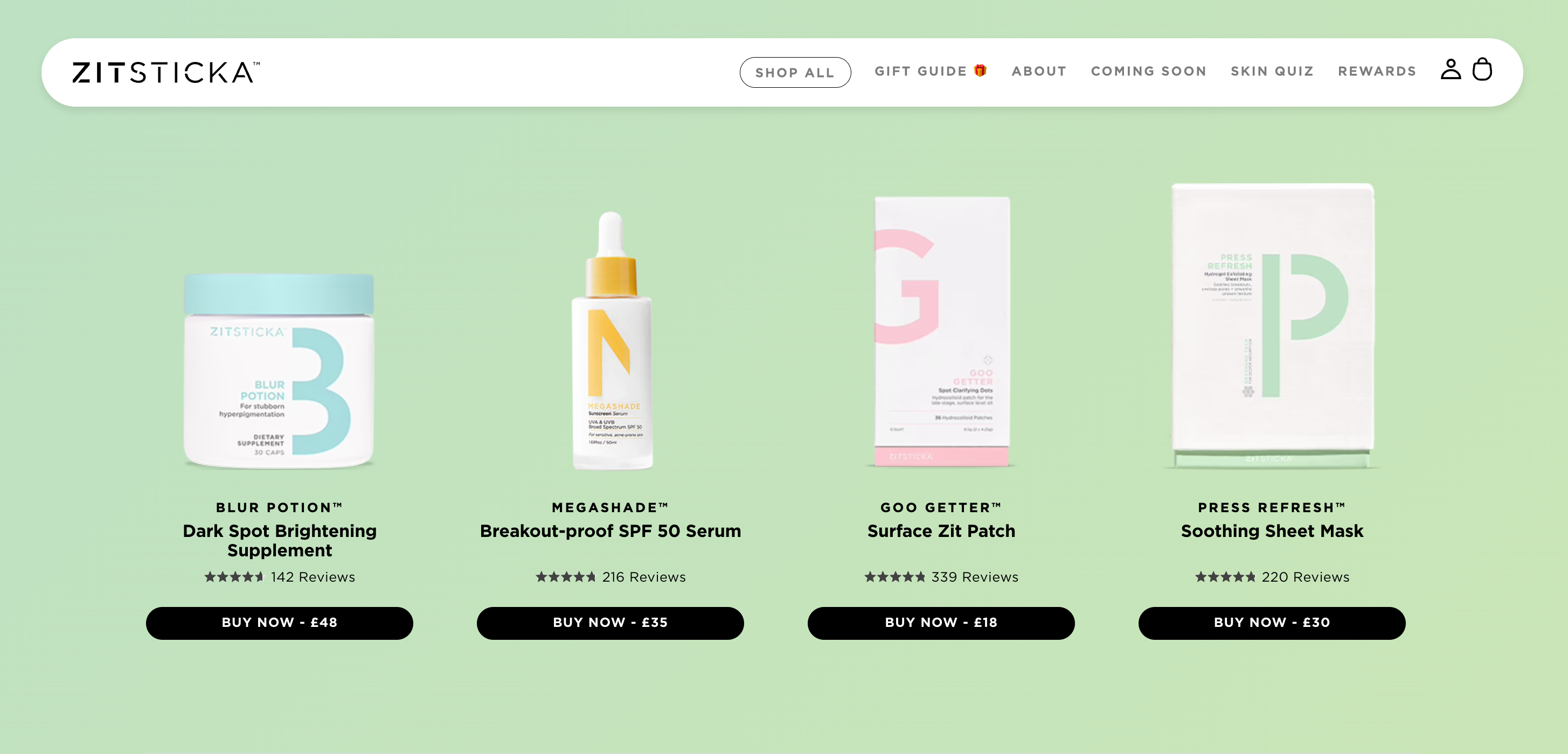Skin care line Zitsticka's home page features multiple skincare products