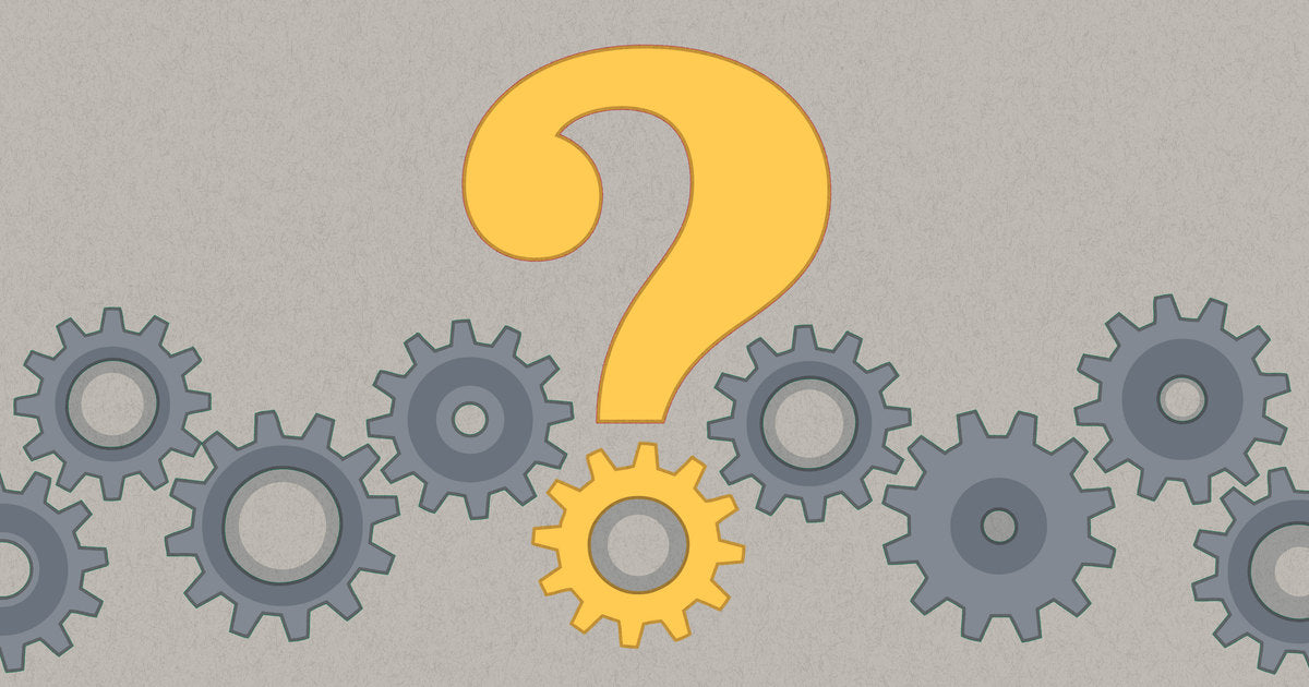 Illustration of a question mark in the center surrounded by cogs to illustrate how to write an FAQ page