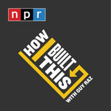 The logo for the How I Built This podcast. Black background with white text made into a square and yellow arrows.