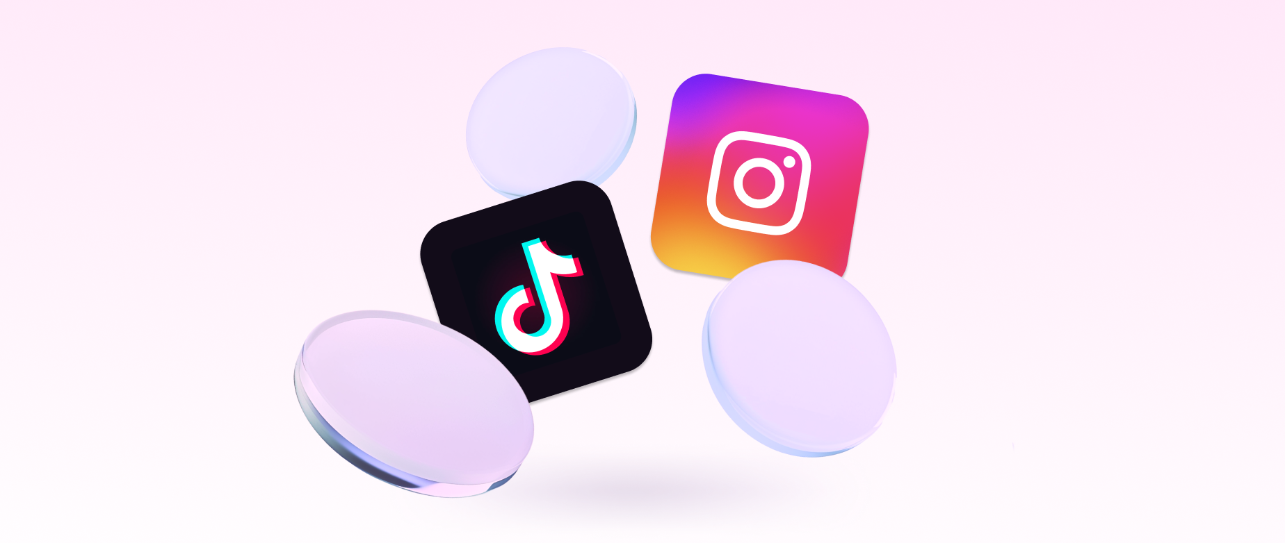 An animated image of the TikTok and Instagram logos floating against a pink background surrounded by three three-dimensional opaque circles