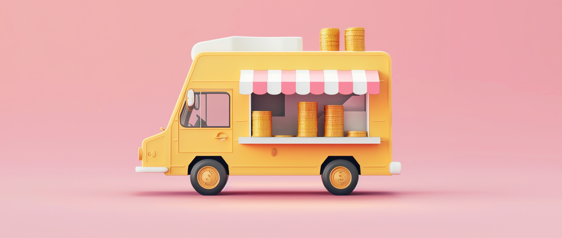 A yellow food truck with gold coins in the window on a pink background.