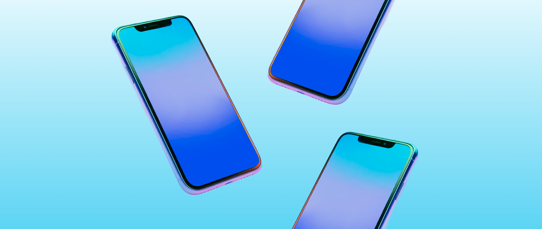Three phones with multicolored blue screens falling against a blue background.