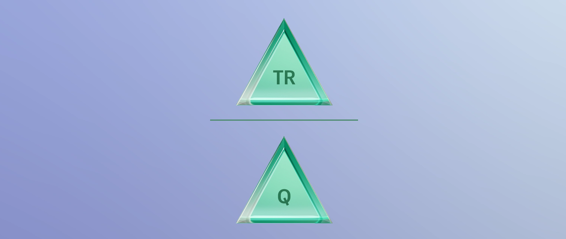 Two green triangles stacked on one another with the letters "TR" and "Q" in front of a purple blue background.