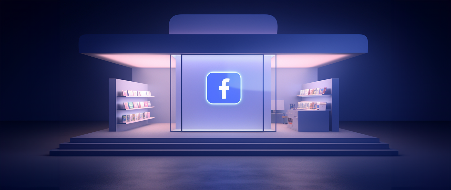 An illuminated Facebook shop front on a dark street corner.