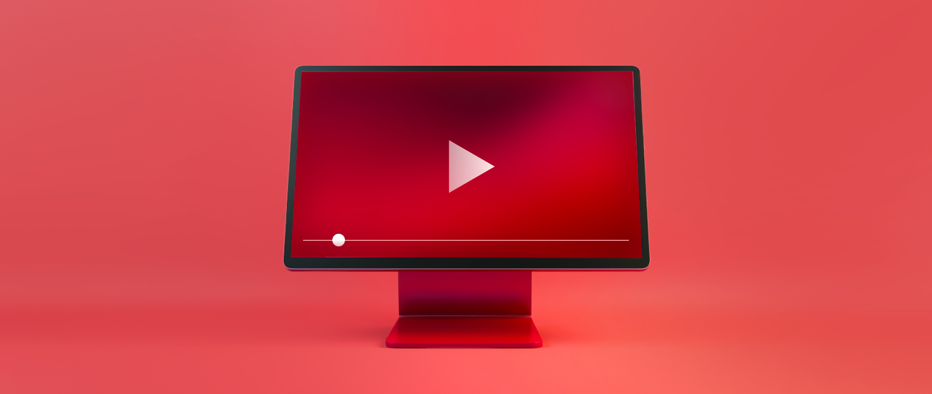 a desktop computer open on a YouTube video showcasing a red background and the Play button in the middle: how to edit videos for youtube