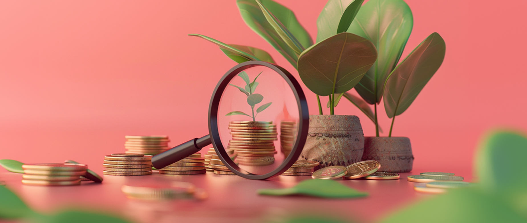 A magnifying glass next to stacks of coins and plants on a red background.