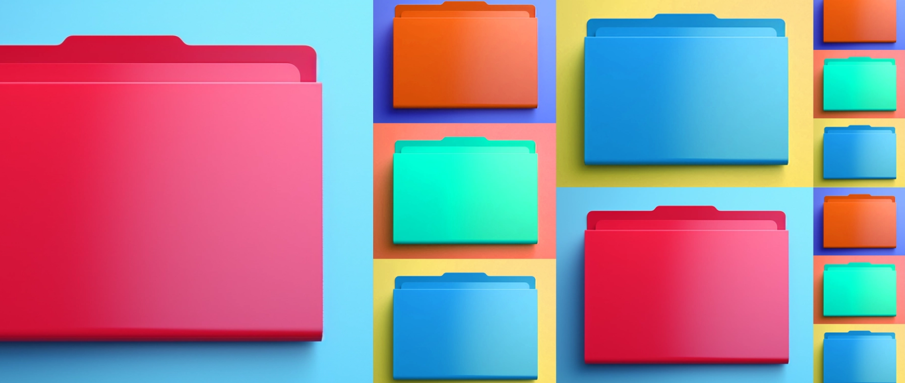 Multicolored organizing folders against different colored backgrounds.