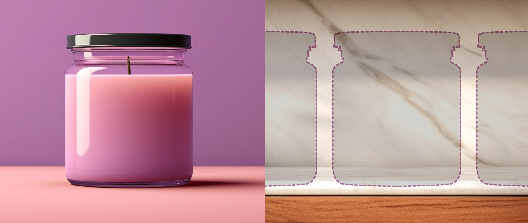 a candle with other candle outlines representing products on shelf