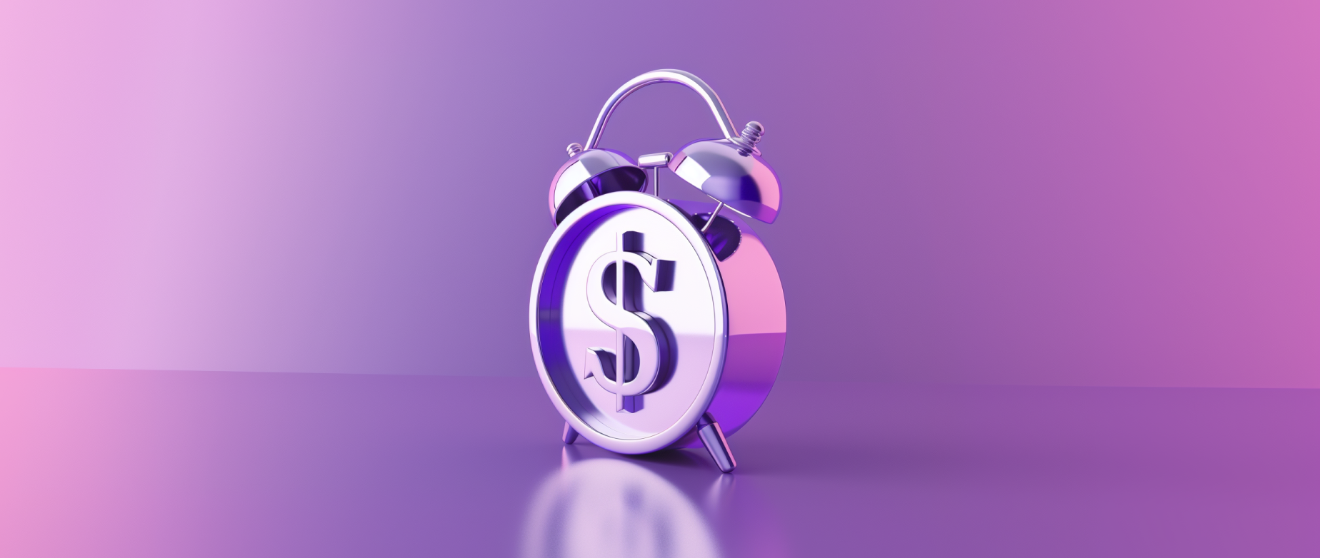 A silver alarm clock with a US dollar sign on the face on a purple background.