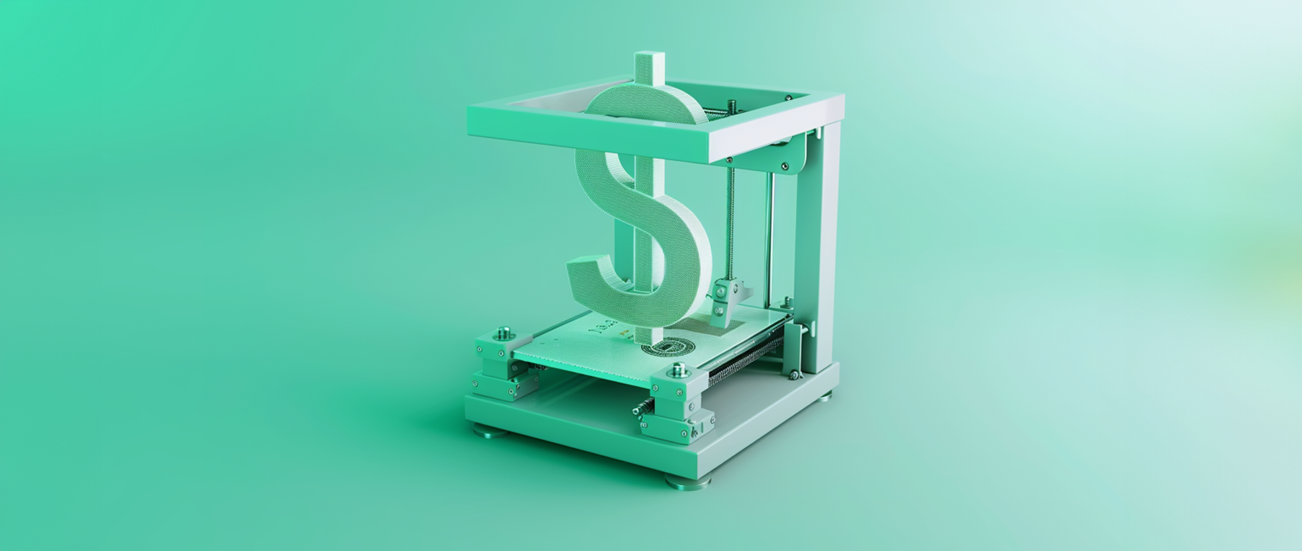 A 3D printer printing a dollar sign on a mint green background.