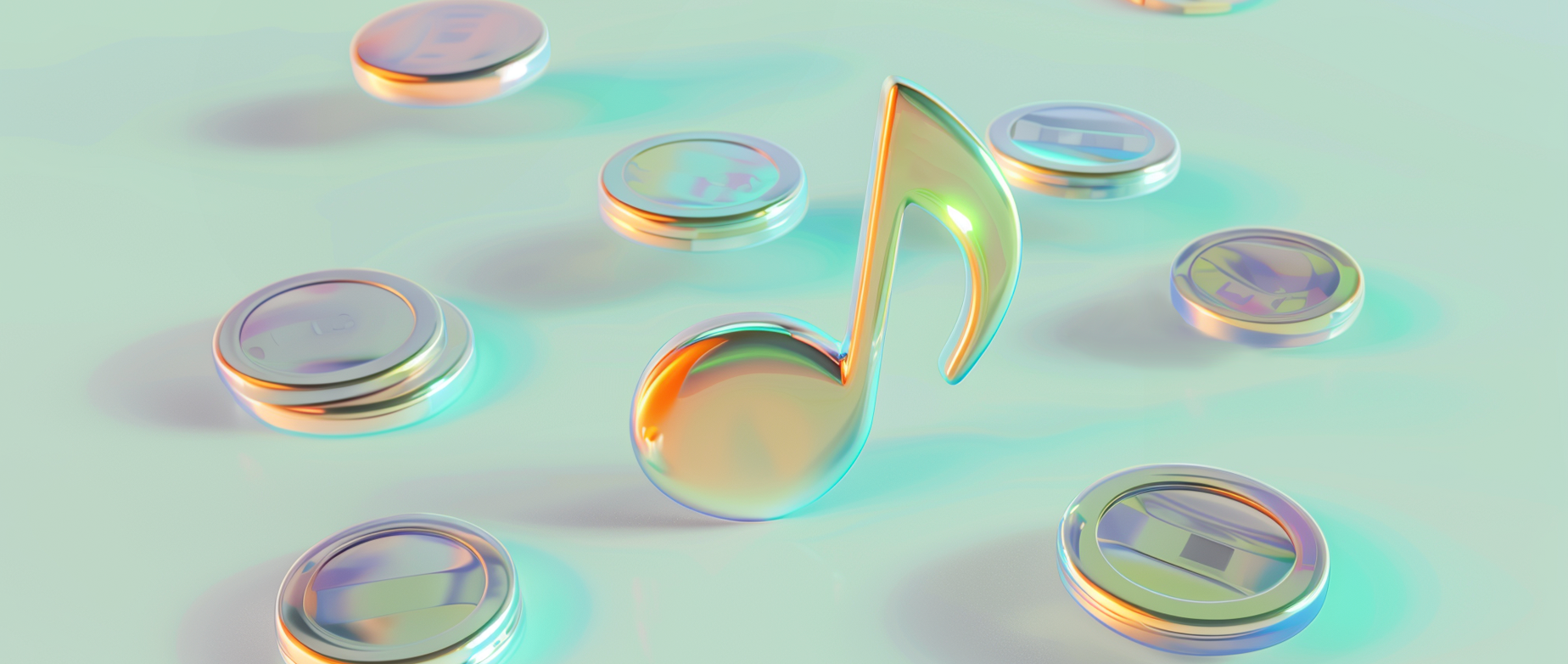 A gold musical note surrounded by silver coins on a green background.