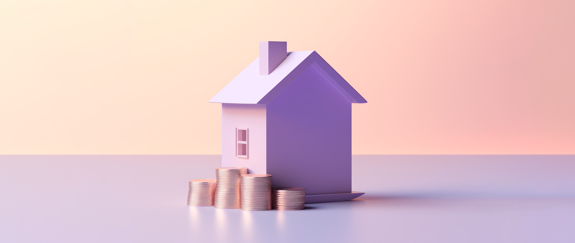 A light purple house next to stacks of coins on a light peach background.