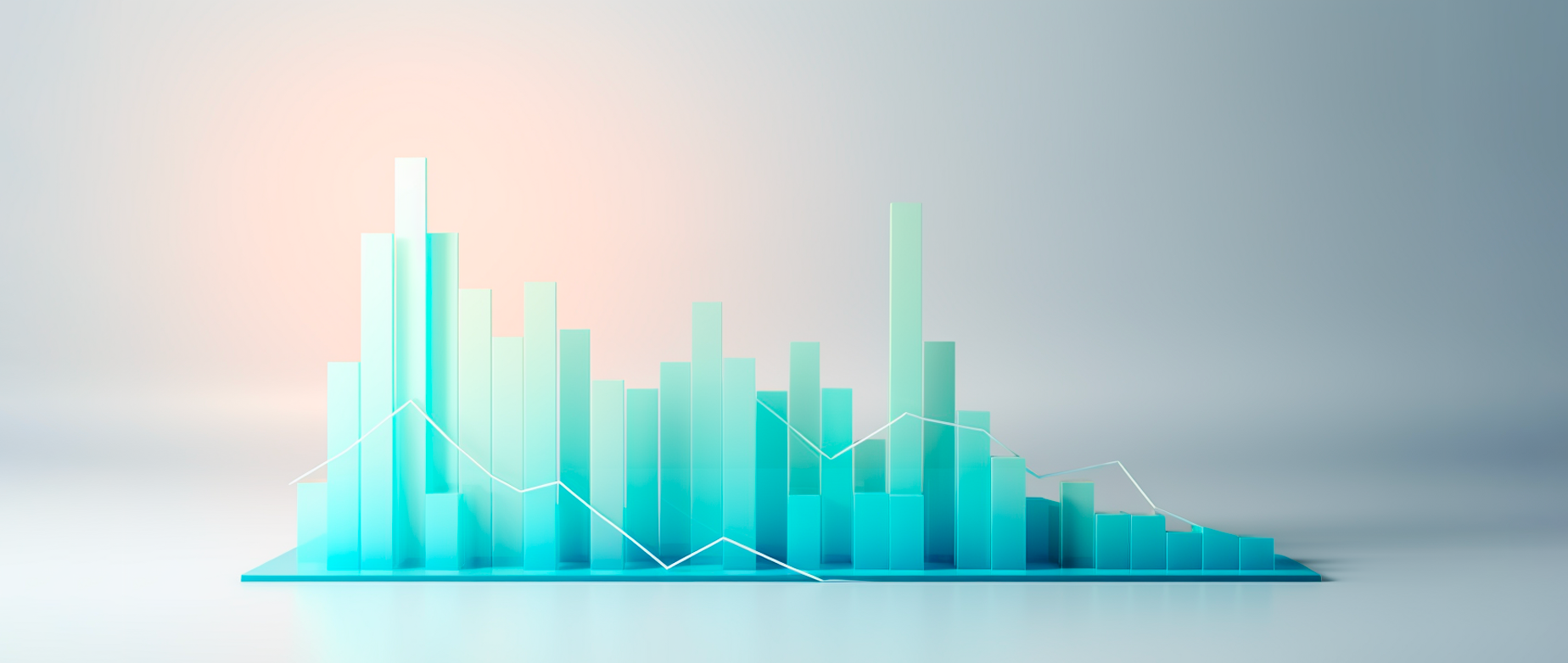 A 3D blue bar graph declining on an illuminated gray background.