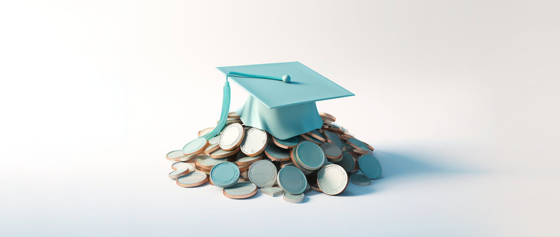 A light blue graduation cap on a stack of silver coins.