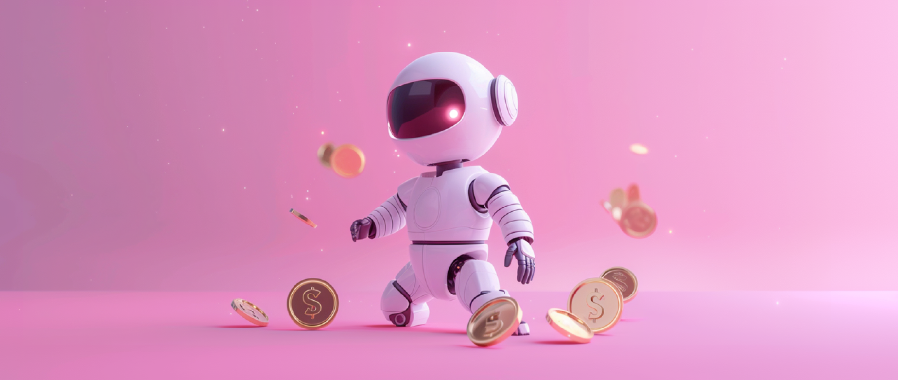 A robot walking among gold coins on a pink background.