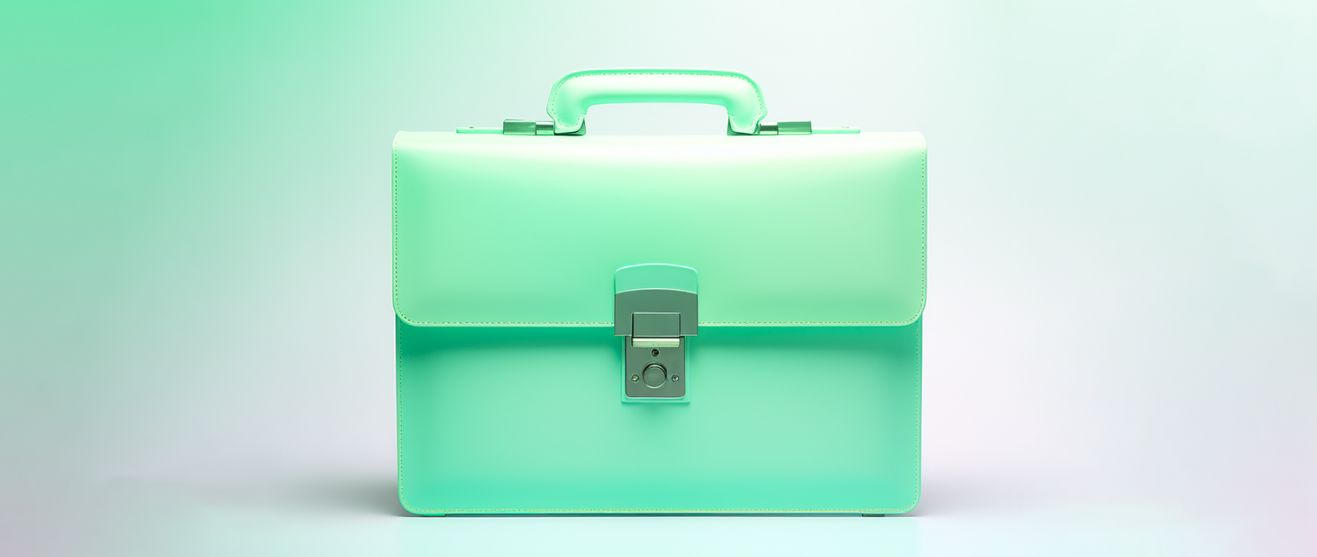 A mint green briefcase on a white and green background.