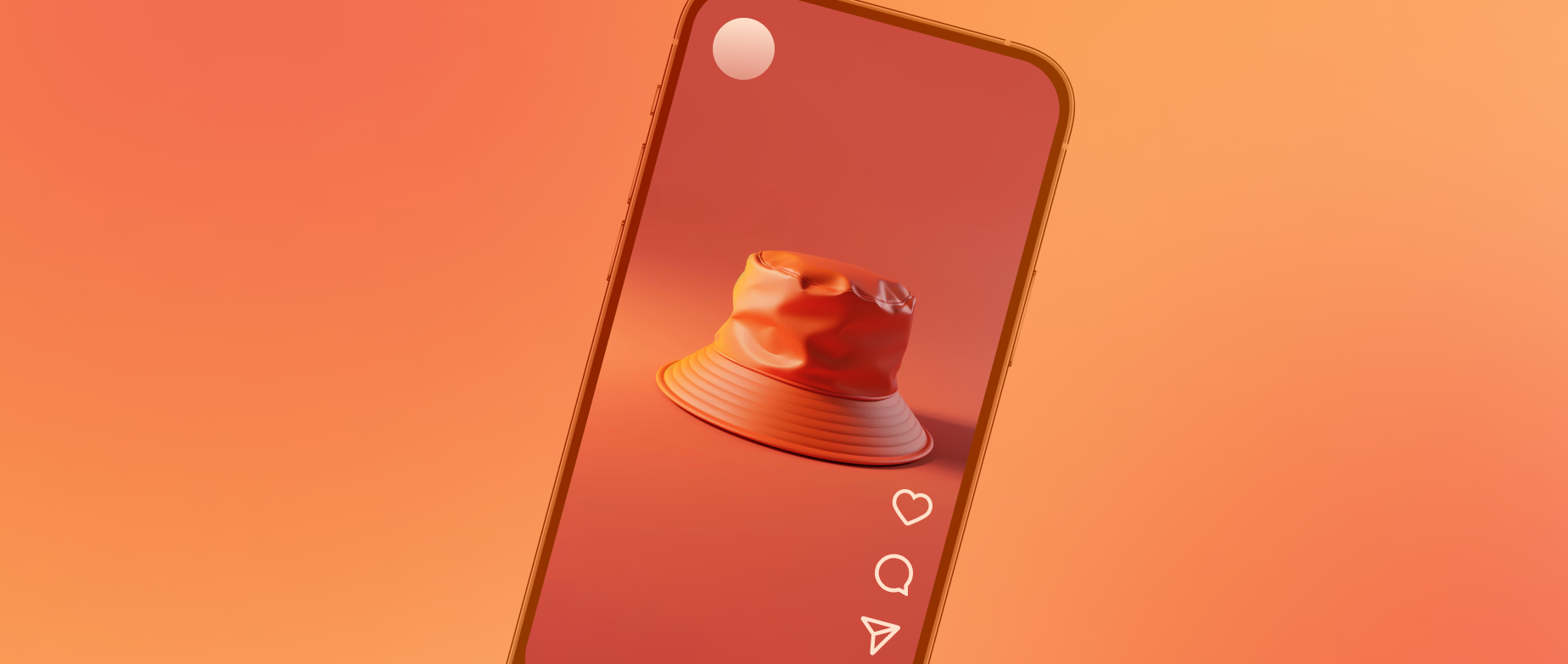 A smartphone with a red bucket hat in a post on an orange background.