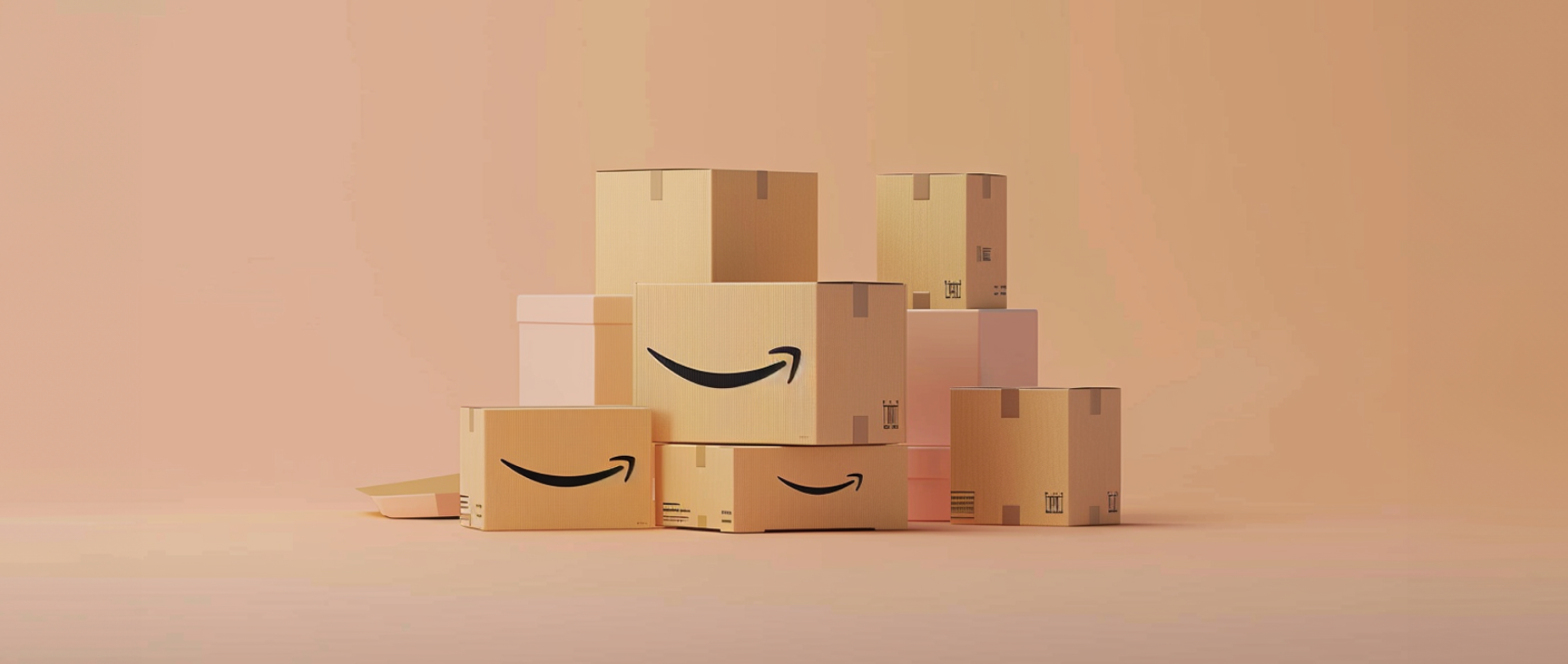 Stacks of Amazon shipping boxes on a light orange background.