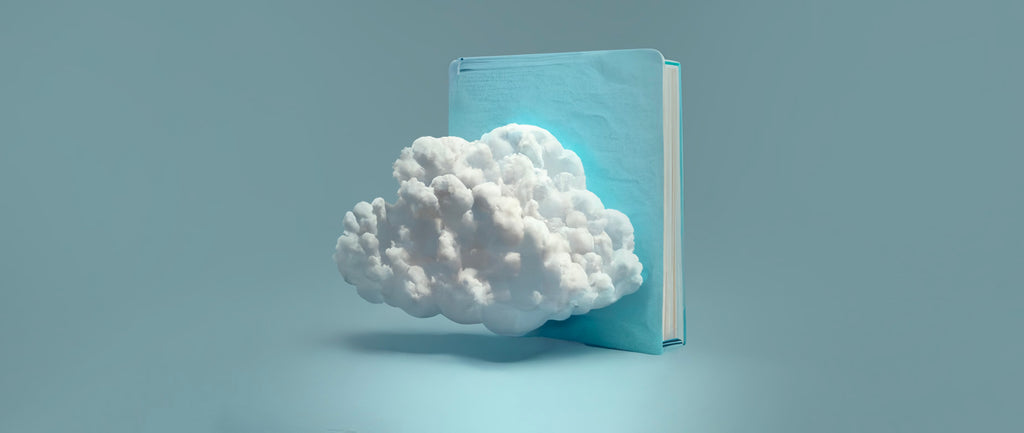 a single cloud floats in front of a light blue notebook: how to share your experience in memo format