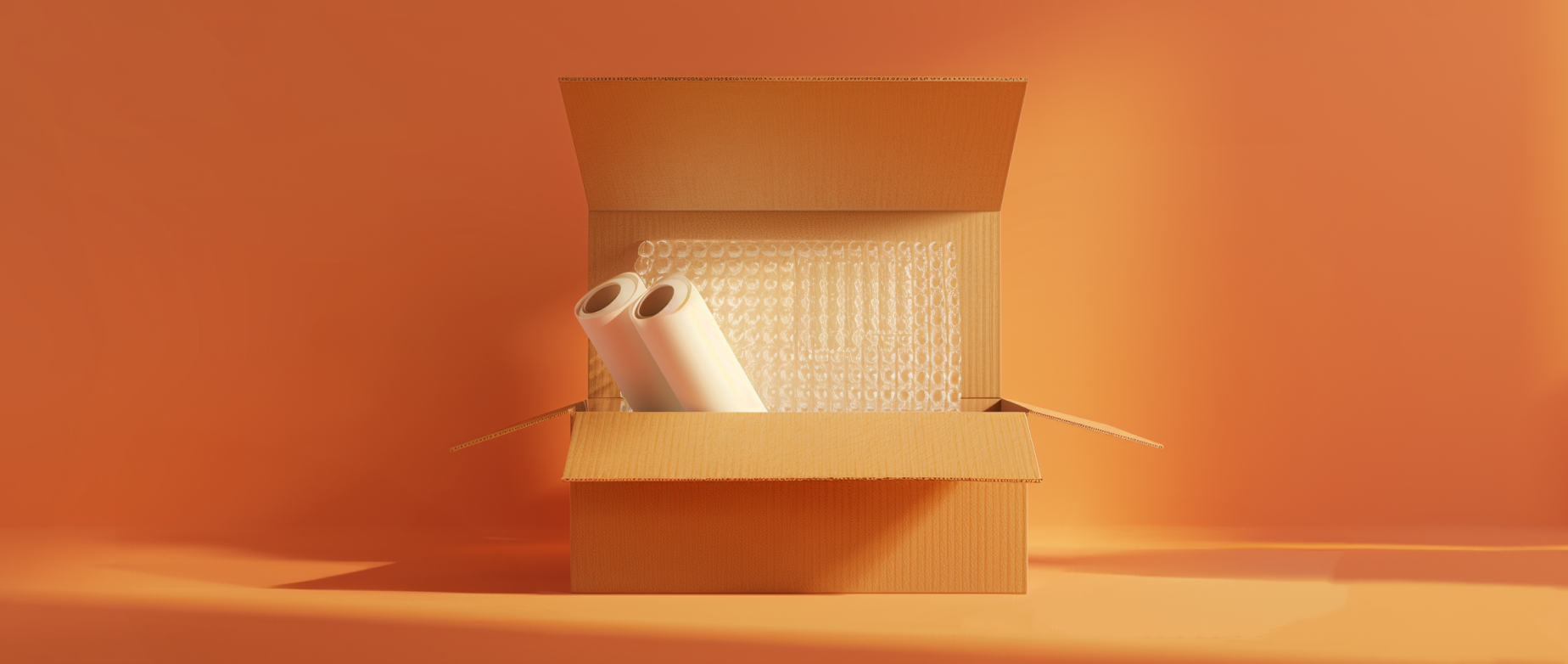 Shipping supplies for art prints including boxes, bubble wrap, and shipping tubes on an orange background.