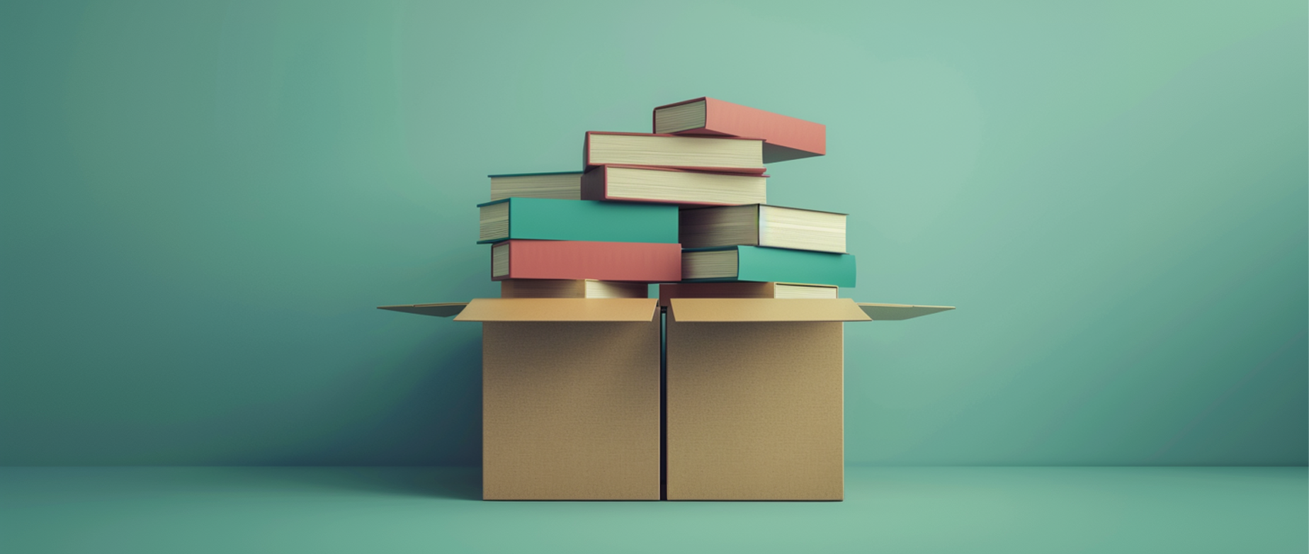 Two cardboard boxes filled over the top with books on an aqua colored background.