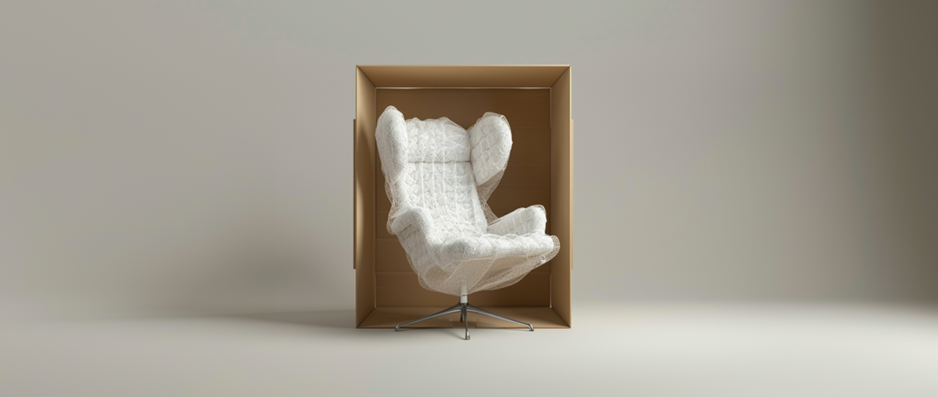 A chair wrapped in shipping material in an open cardboard box.