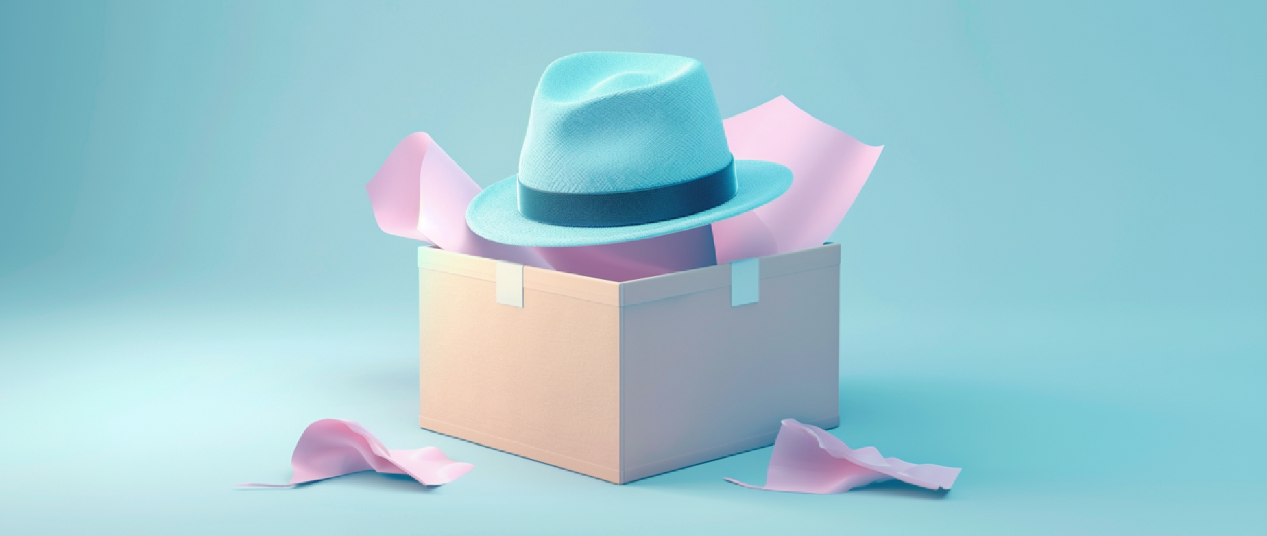 A cardboard box with a blue fedora and pink tissue paper on a blue background.