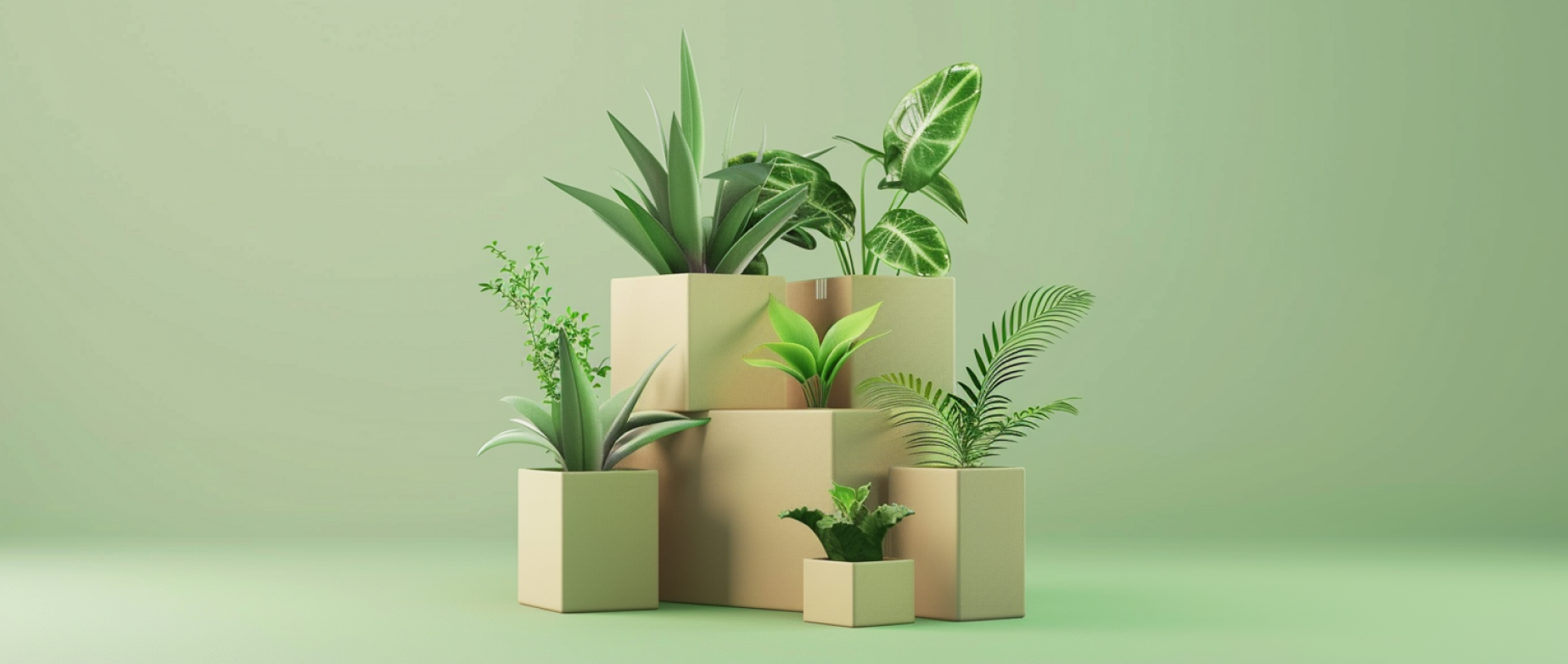 A stack of open cardboard boxes with plants in each on a green background.