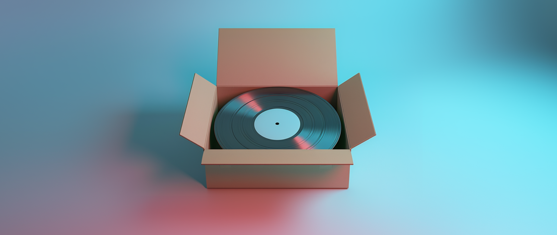 An open cardboard box with a vinyl record inside.