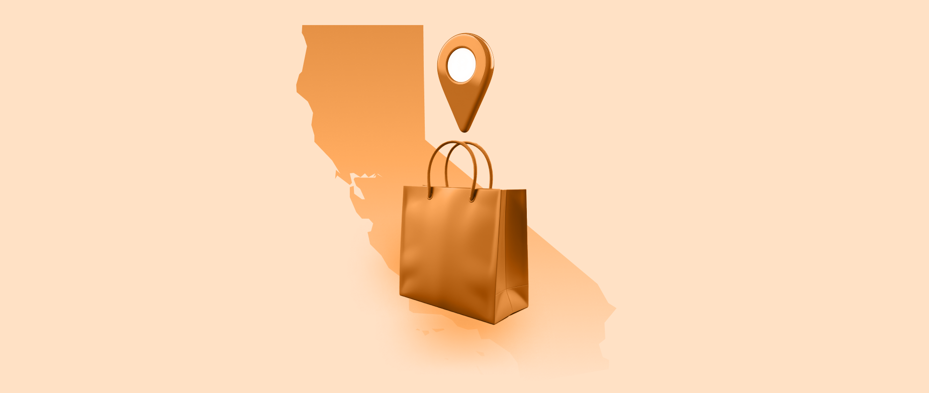 An orange outline of the state of California with a location icon and shopping bag on a light orange background.