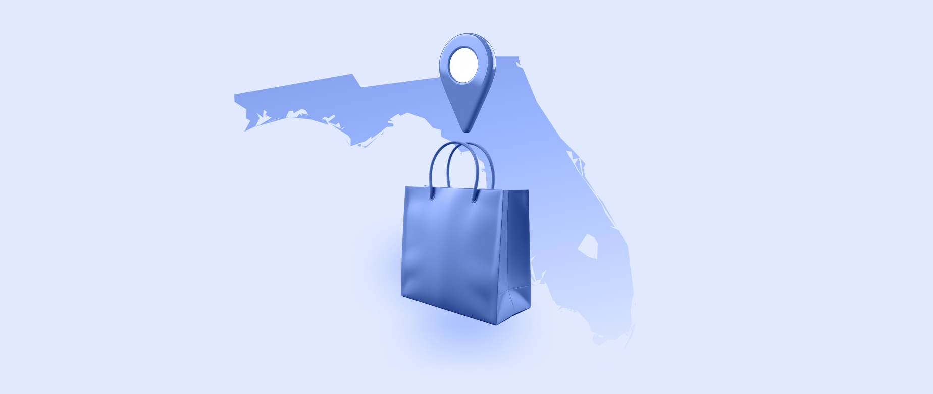 An outline of the state of Florida with location icon and shopping bag on a light blue background.