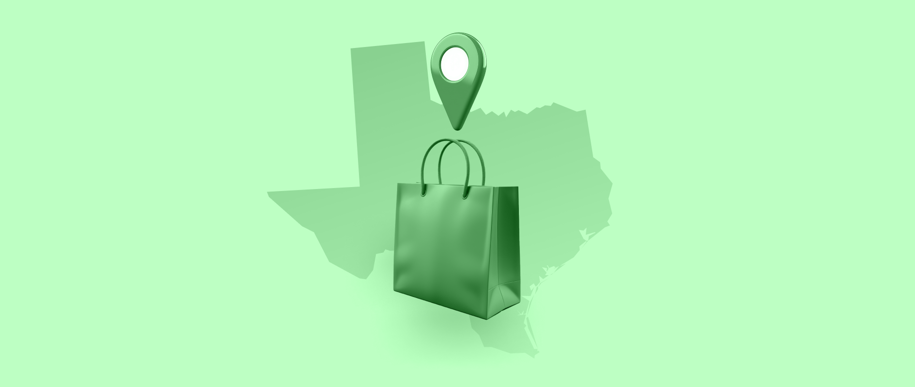 A green outline of the state of Texas with a location icon and a shopping bag on a light green background.