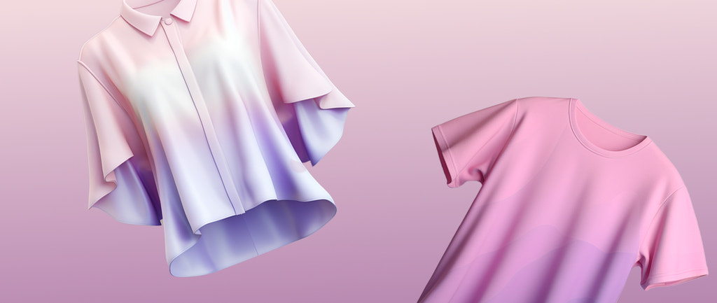 Two fashion tops float on a gradient pink background