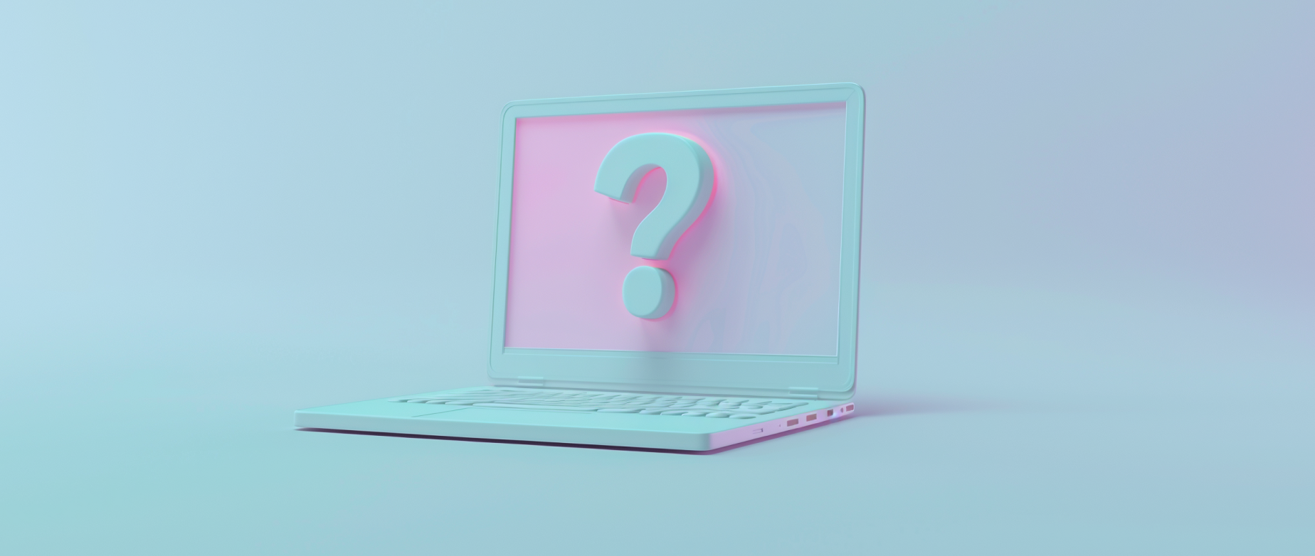 An open laptop with a pink screen and question mark on a light blue background.