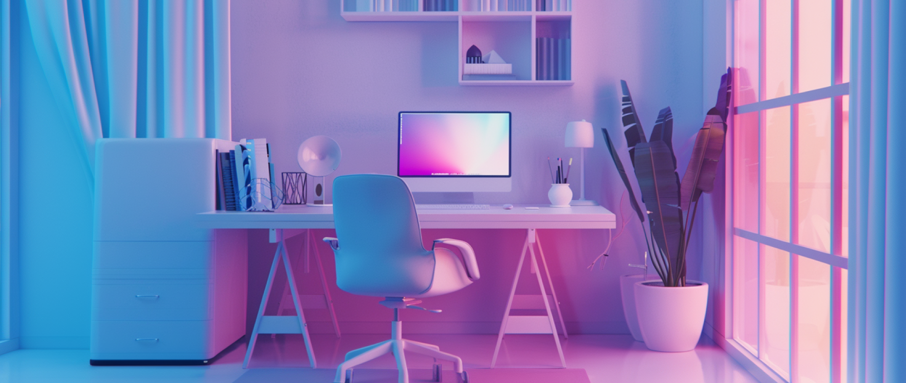 A home office set up with blue and pink lighting.