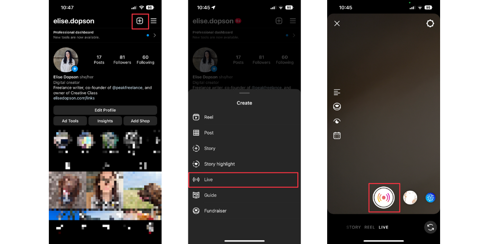 Screenshot of Instagram interface showing how to find live video settings.