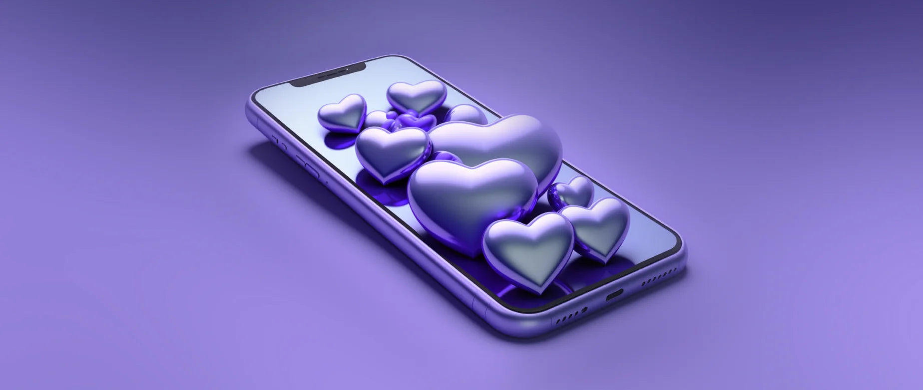 Graphic of a mobile phone with 3d hearts flaoting above