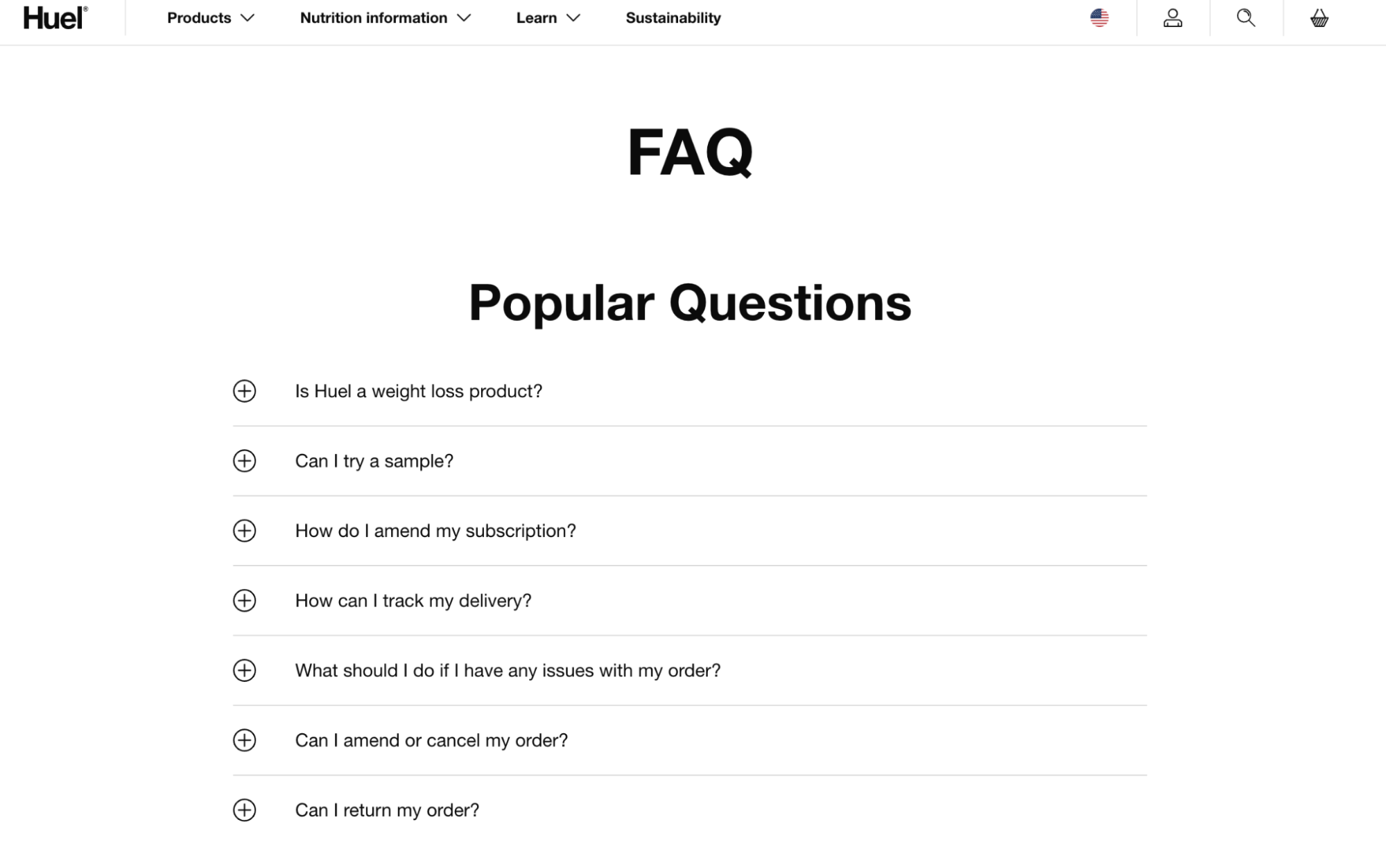 HUEL’s FAQ page with Popular Questions category and list of questions.