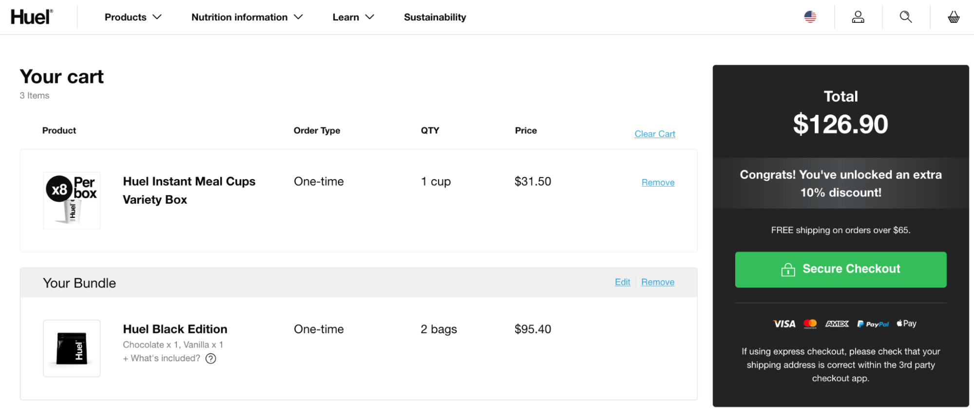 Screenshot of Shopify merchant Huel’s shopping cart with payment methods